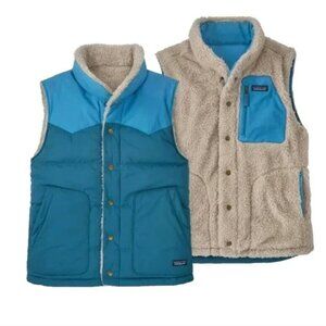 NWOT Patagonia Bivy Down Feather Reversible Blue Tan Men's Fleece Vest Size XL